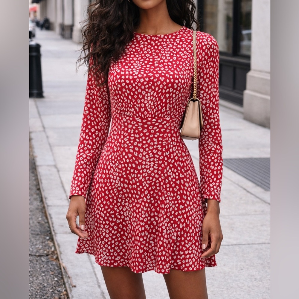 Maje Red Printed Long Sleeve Mini Dress | Size 40/ Medium